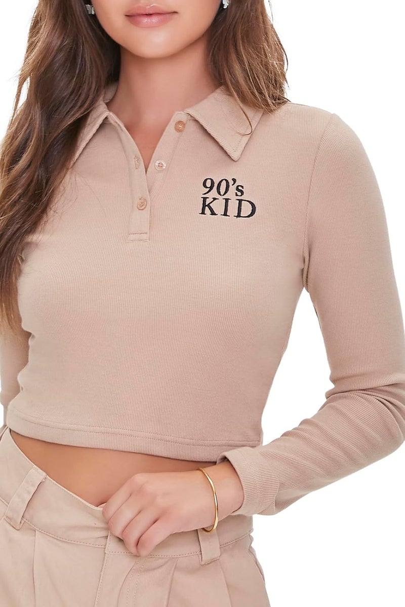 FOREVER 21 Girls Embroidered 90s Kid Polo Shirt - Image 1